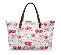 COEQINE Cherry Pattern Pink Bow Print Totes Bags For Women Travel Work Leather Carry On Bag Purses for Womens Vintage Floral Women's Shoulder Handbags Top Handle