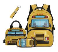 COEQINE Classic Yellow School Bus Backpack for Boys with Lunch Box 44cm School Bag Kids Boys Age 6-7 Years Multi-Pocket Large Pencil Case Portable Keychain Laptop Backpack for Daily 5 Pcs