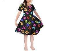 COEQINE Colorful Dog Paws Pattern with Girls Summer Skirt Short Sleeve Swing Dress for School Party Travel,Knee Length Midi Flare Dress,3-14 Years Size