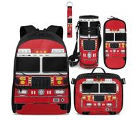 COEQINE Cool Fire Truck Red Toddler Boy Backpack with Lunch Box Sets for School Bookbag For Elementary Middle School Large Pencil Case with Zipper and Water Bottle Sleeve and Keychain for Picnic 4 Pcs