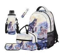 COEQINE Cool Wolf Backpacks Set for School for Kids Girls Boys 6-14 Laptop School Bag Set with Lunch Box Pencil Case Water Bottle Sleeve Keychain Set Kindergarten Elementary Bookbag Teenager Schoolbag