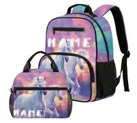 COEQINE Custom Backpack for Girls Kindergarten with Lunchbox Easy Closure Purple Pink Sunset Horse Printed Preschool Elementary Cute School Bag with Side Pocket Brethable Diaper Knapsack