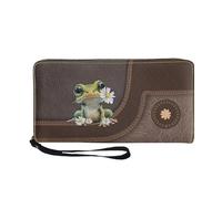COEQINE Custom Trifold Leather Wallets for Women Frog Daisy Print Business Card Holder Organizer Hanging Large Capacity Cellphone Wallet for Ladies Wristlet