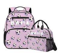 COEQINE Customized Kids Backpack and Lunchbox Set Boys Toddler Elementary Bookbag For Elementary School Girls with Water Bottle Side Pocket Knapsack for Daycare Soccer Ball Light Pink