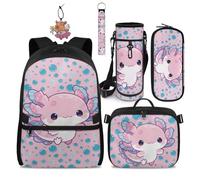 COEQINE Cute Axolotl Backpack for Kids School Bag 5-in-1 Pink Polka Dot Bookbag Set with Lunch Box Pencil Case Capybara Keychain for Teen Girls 4-12Y Schoolbag for Elementary School Bookbag Satchel
