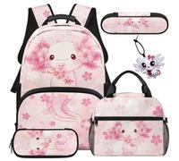 COEQINE Cute Axolotl Backpack Set for Girls 5 PCS Kids School Bag for 1st Grade Pink Cherry Blossoms Axolotl Gym Bookbag Pencil Pouch Cute Utensils Bag for Elementary Middle Highschool