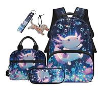 COEQINE Cute Axolotl School Backpack Boys Bookbag and lunch Box Set for Kids 6-12 Ocean Starry Book Bag For Girls Pencil Case Pouch Leather Keychain Ideal as Back To School Gift 5 Pcs