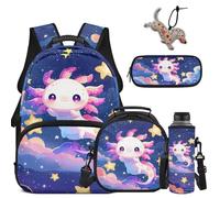 COEQINE Cute Axolotl School Backpack Girls with Lunch Box Purple Starry Sky Backpack for Kids 6-12 Elementary School with Keychain Water Bottle Sleeve Pencil Pouch Laptop Ruckpack Travel