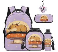 COEQINE Cute Capybara Backpack for Girls 8-14 Kids School Bag Set Purple Mushroom Moon Lunchbox 44 cm Bookbag with Pencil Case Keychain Water Bottle Sleeve for Elementary Grades 1-6,5 Piece