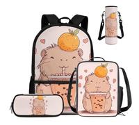 COEQINE Cute Capybara Backpack for Kids 10-12 with Lunch Box Set Orange Fruit Milk Tea School Backpack for Girls 6-10 Elementary Kindgarten School Bookbags with Water Bottle Sleeve Pencil Case Travel