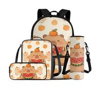 COEQINE Cute Capybara Print Kids Backpacks for Elementary School Waterlemon Bookbag Set with Lunch Bag and Pencil Pouch Water Bottle Sleeve, Set 4 in 1 Back to School Supplies,17Inch
