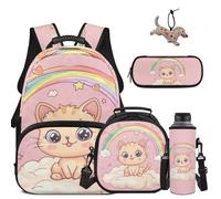 COEQINE Cute Cat Girls Bookbag With Lunch Box Set 5 Pcs for 4-10 Pink Rainbow Cloud School Backpack Lunch Bag Combo Set with Pencil Case Keychain Water Bottle Sleeve for Elementary School 1-3 Grade