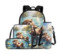 COEQINE Cute Otter Backpack for Girls 6-12 Elementary School Bag for Kids with Lunch Box Pencil Water Bottle Sleeve Set of 5 Blue Lake Nature Print Bookbag for Travel Daypack,17 Inch
