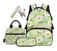 COEQINE Daisy Backpack with Lunchbox for Girls School Bag Set 5 In 1 Lightweight Large Pencil Box For Teen Elementary Middle-School Green Floral Cute Dog Keychain For Bookbag for Teens