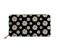 COEQINE Daisy Print Wallet Zip Around Large Capacity Pu Leather Clutch Purses Phone Wallet for Women Teen Girls,Black