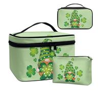 COEQINE Dark Green Travel Makeup Case Set 3 Pieces Large Cosmetic Case for Women Travel St. Patrick's Day Gnome Aesthetic Design Canvas Zipper Organizer Pouch Waterproof Purse