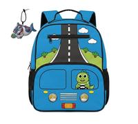 COEQINE Dino Road Blue Prek Backpack Boys with Animal Keychain Bookbag For Little Boy With Mesh Side Pockets Book Bag For Kids Adjustable Shoulder Straps Comfortable School Bag For Preschool,34.2CM