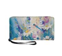 COEQINE Dragonfly Daisy Wallet Women Cute Flower Card Holder for Woman Luxury Style Clutch Wristlet Wrist Strap Lightweight Purse Card Holder with Zipper for Wedding Party