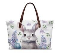 COEQINE Easter Bunny Purse Leather Purses For Women Hobo Handles with Top Handle Purple Floral Eggs Printed Shoulder Satchel Bucket for Work Picnic Hiking Shopping