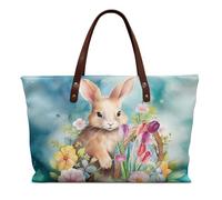 COEQINE Easter Bunny Purses for Women Leather Large Bucket Purse Blue Rabbit Floral Vintage Eggs Printed Shoulder Hobo Bucket Handbag for Concerts & Sports Events