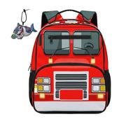COEQINE Fire Truck Red Boys Kindergarten Backpack with Cute Keychain School Bag for Kid Book Bag Adjustable Straps Lightweight Daycare Kindergarten Bookbag for 1st Grade,34.2CM