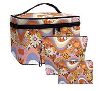 COEQINE Floral Makeup Organizer 3 Pieces for Women Travel Set Toiletries Storage Case with Hipop Flral Wave Pattern Leather Cosmetic Case for Women Travel Waterproof Soft Mini Purse