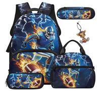 COEQINE Football Backpack and Lunchbox for Girls Kids Bookbag with Lunch Box Comfortable Rugby Lightning Printed Keychains For Schoolbag Pencil Case for Elementary Middle-School 5 Pcs