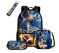 COEQINE Football Kindergarten Backpack for Boys with Lunch Box 4 Piece Player Dark Blue Lightning Flame Elementary School Kids Bookbag with Front Pocket Portable Keychain Pen Case Laptop Rucksack