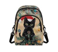 COEQINE Funny Christmas Themed Crossbody Small Purse,Xmas Tree Black Cat Lights Printed Cell Phone Wallet Case Purse Straps Replacement For Woman Birthday Party Holiday Handbags