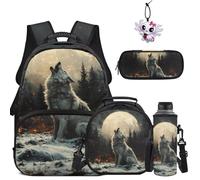 COEQINE Galaxy Wolf Backpack Set for School for Kids Girls Boys School Bag Set with Lunch Box Pencil Case Water Bottle Sleeve Preschool Kindergarten Elementary Bookbag Teenager Schoolbag 5 Pce