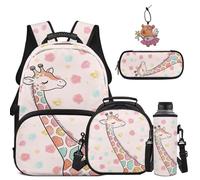 COEQINE Giraffe Pink Polka Dot Kids School Backpack Keychain for 4-12 with Lunch Box Water Bottle Pocket Pencil Case Pouch Bookbag Hiking Daypack for Elementary School