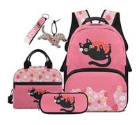 COEQINE Girls Backpack With Lunch Box Set Elementary School Bag for Kids 1ST Grade Lightweight Cat Pink Strawberry Ice Cream Pencil Case and Animal Keychain Portable for Daily Use 5 Piece