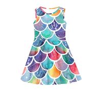 COEQINE Girls Dress Fit 12-14T Little Girls, Fashion Fish Scale Pattern Casual Sleeveless Summer Dress for Kids Toddle School Party Swing Dress Size 13-14