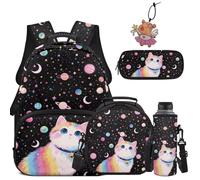 COEQINE Girls School Backpack with Laptop Compartment Cat Black Rainbow Star Lunch Box Pencil Pouch Keychain Water Bottle Sleeve Set of 5 for Elementary Middle School Laptop Bookbag, 44 cm