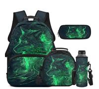 COEQINE Green Wolf Backpack Set for Girls 8-16 Green Kids School Bookbag With Lunch Bag Lightweight Pencil Case Pouch Bag Keychain for Elementary Primary Middle Highschool