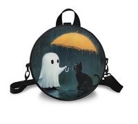 COEQINE Halloween Shoulder Bag for Women Waterproof Leather Crossbody Purse Ghost Cat Cell Phone Handbag with Circular Style Novelty Satable for Ladies