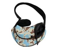 COEQINE Hands-Free Brown Blue Cow Print Pet Crossbody Purse for Women Walking Hide Abstract Front View Cat Carrier Sling Adjustable Strap Small Cats Dogs Outdoor Adventure
