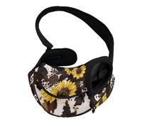 COEQINE Hands-Free Sunflower Brown Cow Print Front View Cat Carrier Sling Vintage Ranch Adjustable Strap Small Cats Outing