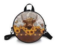 COEQINE Highland Cow Sunflower Shoulder Tote Bag for Women Leather Crossbody Bag Totes Bags with Zipper Mini Backpack Purse Cute Round Style Messenger Bag Mini Backpack Purse for College Students