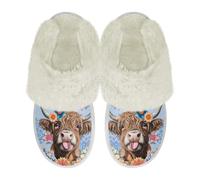 COEQINE Indoor Slippers Women Blue Floral Highland Cow Printed Womens House Shoes Washable Fit Casual Footwear