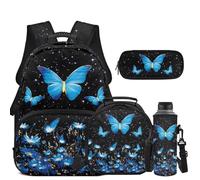 COEQINE Kids Backapck for Girls with Lunch Box School Backpacks with Compartments Blue Galaxy Butterfly Print for 6-12 for Elementary School Matching Water Bottle Holder Pen Bag Keychains,5 Pcs