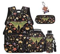 COEQINE Kids Backapck with Lunch Box 5th Grade Girls School Backpacks with Laptop Compartment Butterfly Print for 6-14 for Elementary Middle School with Keychain Pencil Case Water Bottle Holder,5 Pcs
