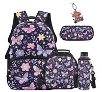 COEQINE Kids Backapck with Lunch Box Girls School Bag with Shoulder Strap Butterfly Purple Starry Print for 6-12 for Elementary School with Water Bottle Holder Pen Bag Keychains Hiking Rucksack