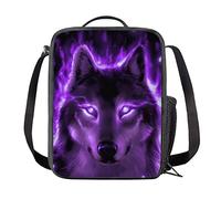 COEQINE Kids Lunch Bag Insulated Food Bag Capacity Cooler Tote Bag Handle Lunch Box with Purple Wolf Pattern for School Office Work Picnic
