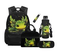 COEQINE Kids School Backpack With Lunch Bag Set of 5 Fit Axolotl Back Pack for Girls Boys 4-10Y Black Print Pen Case Water Bottle Pocket Keychain for Elementary School 1-3 Grade Travel Daypack