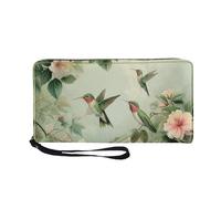 COEQINE Ladies Wallet with Hummingbirds Aesthetic Leather Business Card Holder and Cell Phone Zipper Pouch Ladies Clutch Wristlet Wrist Strap Long Purse