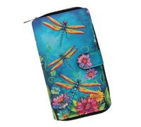 COEQINE Ladies Wallets Pink Leopard Heart Black Printed Leather Phone Long Clutch Purses Check Coin Change Holder, Dragonfly Blue, Large