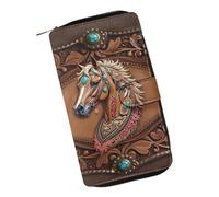 COEQINE Ladies Wallets Pink Leopard Heart Black Printed Leather Phone Long Clutch Purses Check Coin Change Holder, Aqua Horse Vintage Flower Brown, Large
