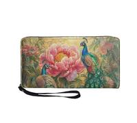 COEQINE Large Capacity Wallet Women Leather Aesthetic Peacock Cell Phone Purse with Credit Card Slots Protection Elegant Business Card Holder Case for Travel Work Sport