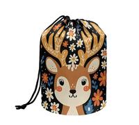 COEQINE Large Drawstring Makeup Bag Deer Floral Brown Daisy Pattern Women Cosmeitc Case Tote Bags Female Toiletry Bags for Gilrs Travel Toilety Make Up Case